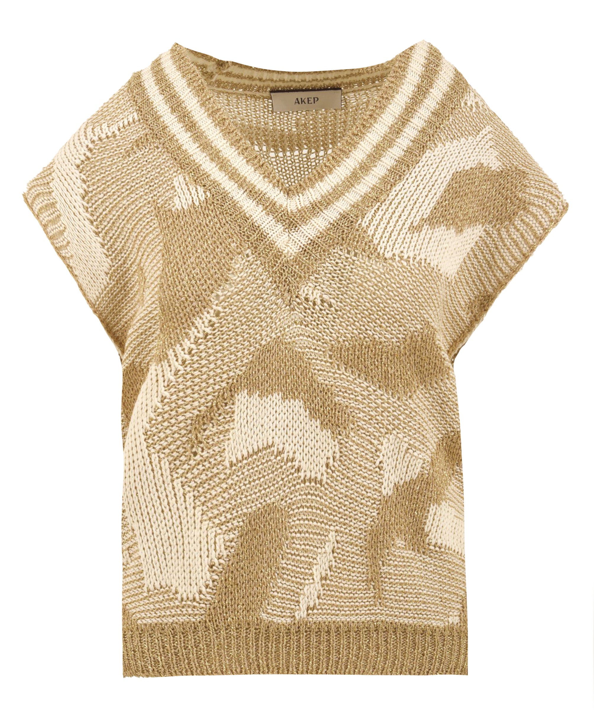 Maglia donna beige fantasia con scollo a v