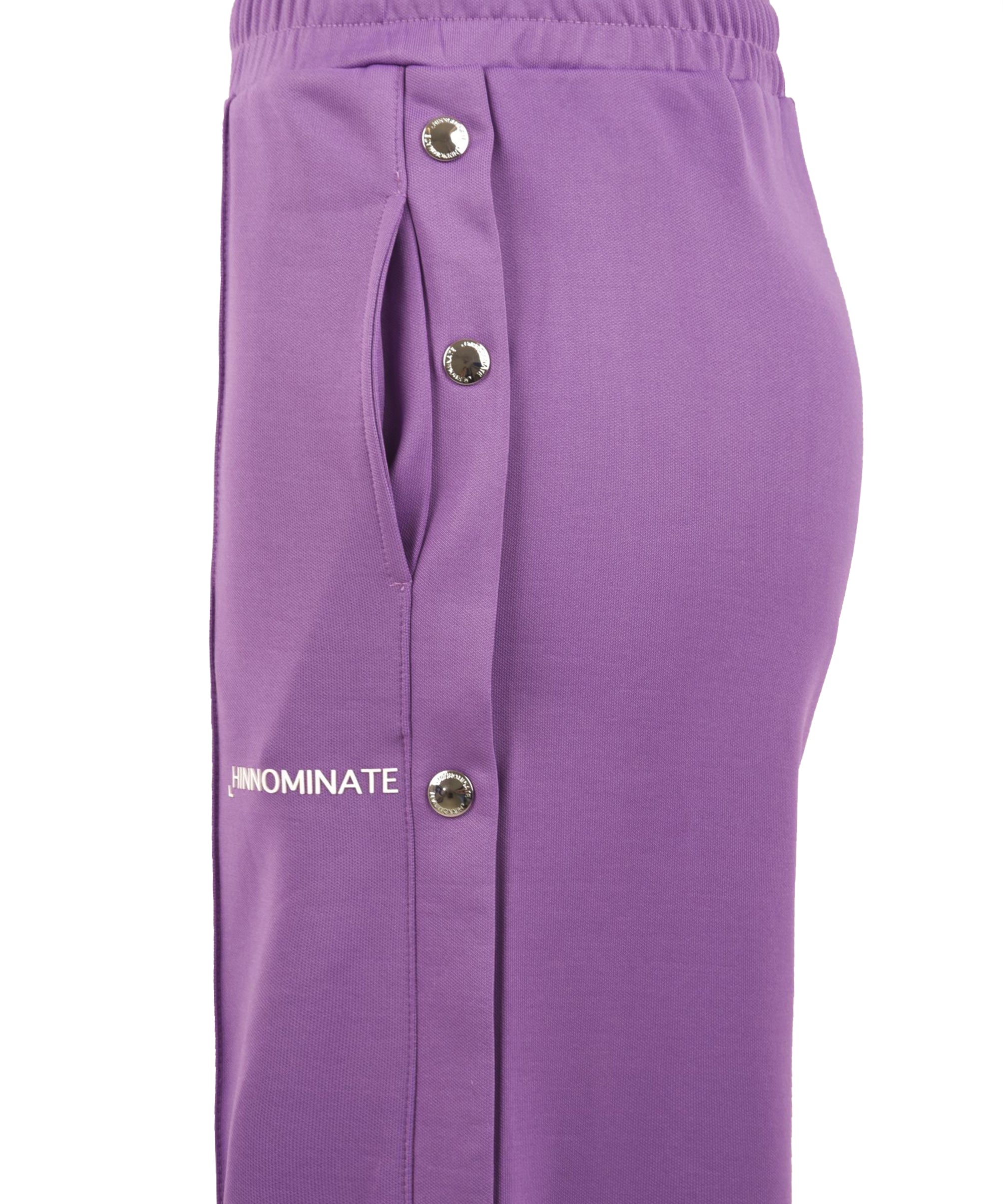 Pantalone donna in misto cotone viola con bottoni laterali