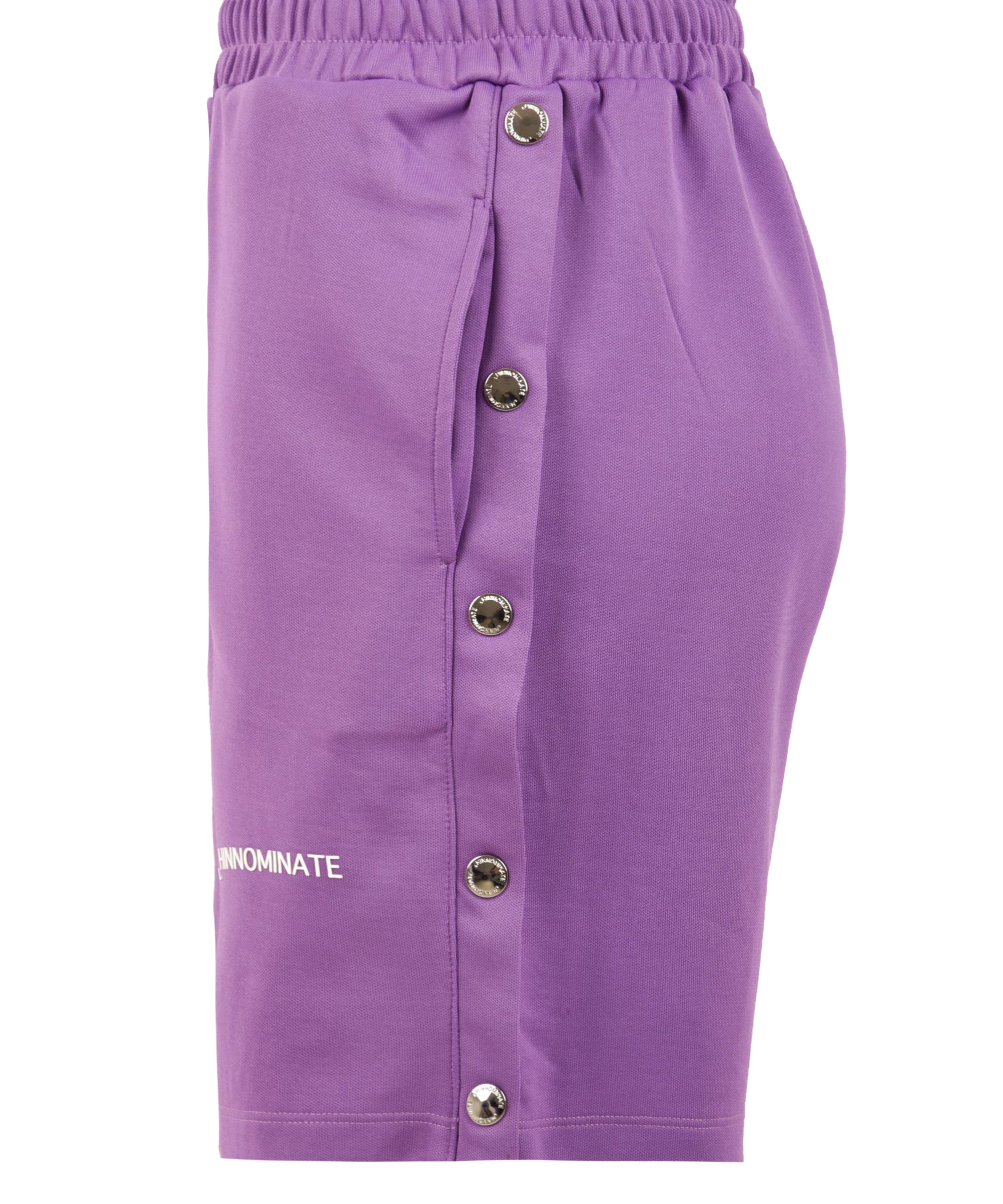 Shorts donna con bottoni laterali e logo viola