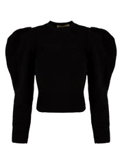 Immagine frontale del maglione cropped in nero da donna Akep. Con manica a sbuffo e girocollo.