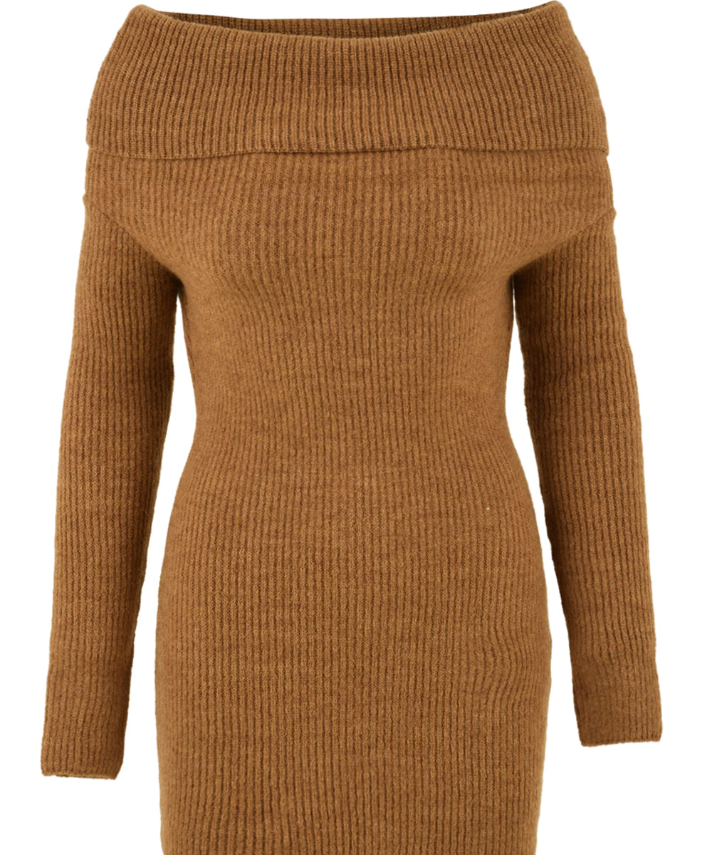 Immagine frontale dell'abito  Akep corto in maglia in beige da donna, con scollo shiffer e manica corta.