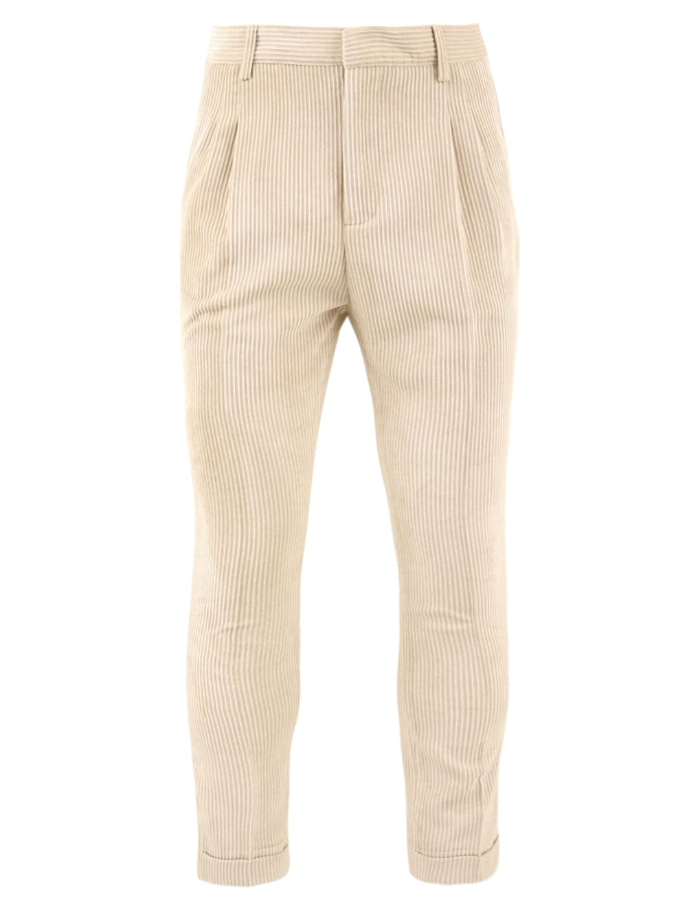 Immagine frontale del pantalone da uomo in velluto beige firmato Daniele Alessandrini con tasche fronte a filo, chiusura con zip e bottone e passante per cintura.